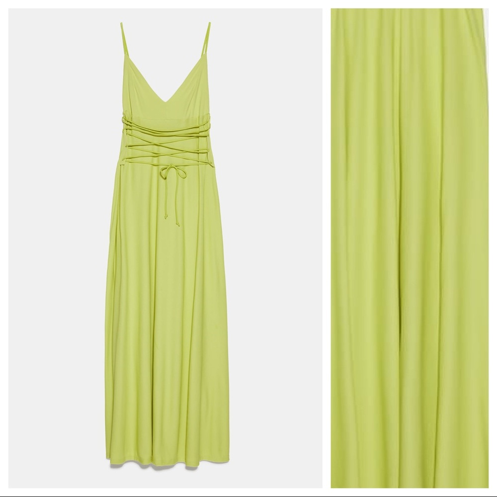 NWT. Zara Lime Green Midi Tied Dress. Size L.